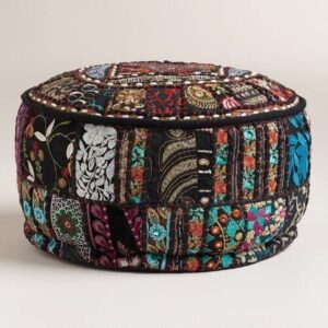 Indian Patchwork Pouf Cover Indian Living Room Pouf, Decorative Ottoman,Embroidered Designer Ottoman, Home Living Footstool Chair Cover, Bohemian Ottoman Pouf Decor (22 Inches, Black)