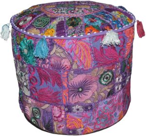 footstool cotton bohemian decor round stool white patchwork embroidered ottoman pouf cover floral tuffet chair floor cushion ethnic bean bag living room (22 inches, blue)