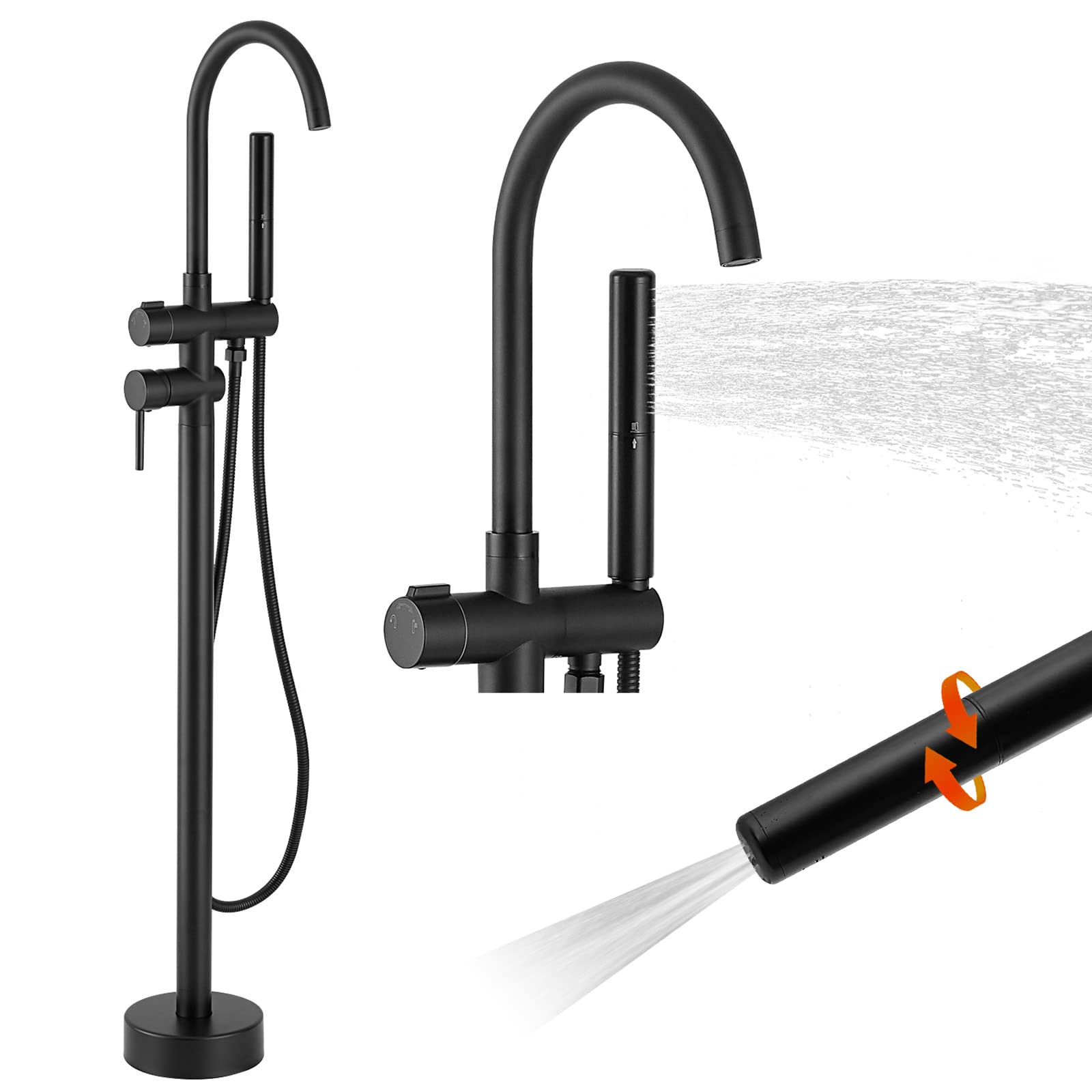 BESy Freestanding Bathtub Faucet Tub Filler Floor Mount Stand Brass Bathroom Tub Faucets with 2 Function Hand Shower Wand Swivel Spout, Matte Black Finish