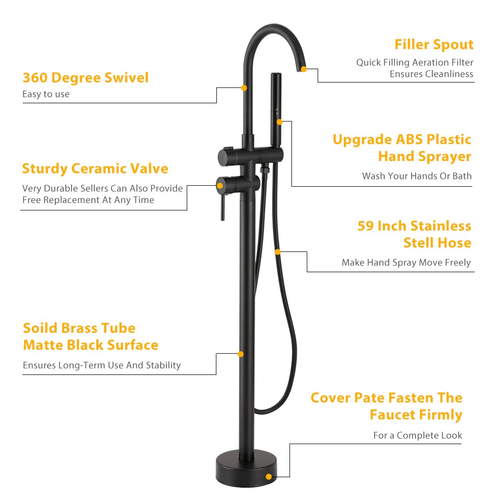 BESy Freestanding Bathtub Faucet Tub Filler Floor Mount Stand Brass Bathroom Tub Faucets with 2 Function Hand Shower Wand Swivel Spout, Matte Black Finish