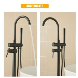 BESy Freestanding Bathtub Faucet Tub Filler Floor Mount Stand Brass Bathroom Tub Faucets with 2 Function Hand Shower Wand Swivel Spout, Matte Black Finish