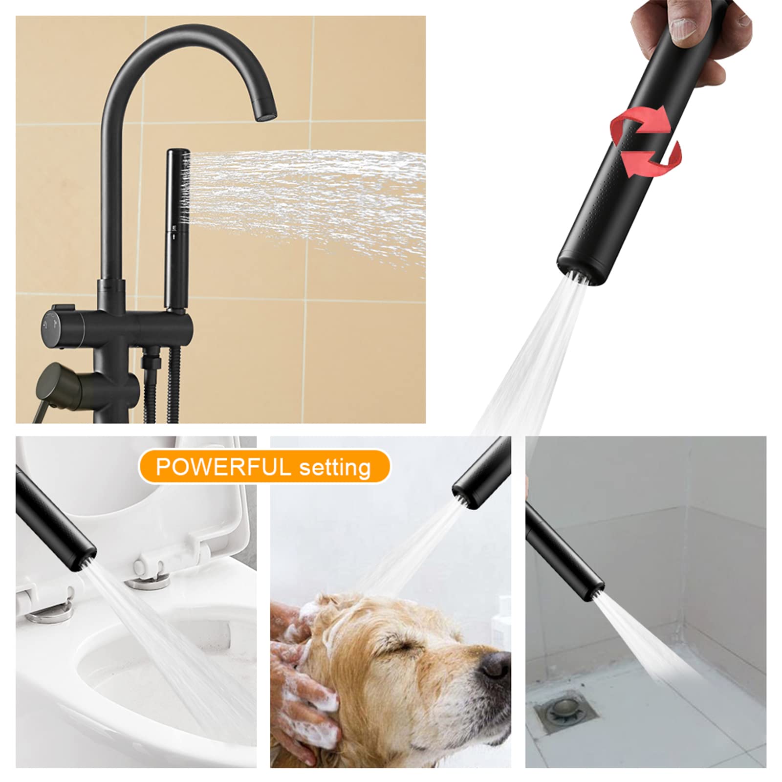 BESy Freestanding Bathtub Faucet Tub Filler Floor Mount Stand Brass Bathroom Tub Faucets with 2 Function Hand Shower Wand Swivel Spout, Matte Black Finish