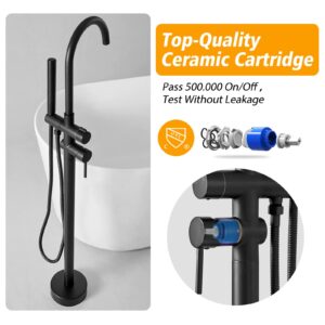 BESy Freestanding Bathtub Faucet Tub Filler Floor Mount Stand Brass Bathroom Tub Faucets with 2 Function Hand Shower Wand Swivel Spout, Matte Black Finish