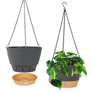 qcqhdu 2 pack hanging planters set,10 inch indoor outdoor hanging plant pot basket,hanging flower pot with drainage hole with 3 hooks for garden home(grey)