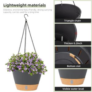 QCQHDU 2 Pack Hanging Planters Set,10 Inch Indoor Outdoor Hanging Plant Pot Basket,Hanging Flower Pot with Drainage Hole with 3 Hooks for Garden Home(Grey)