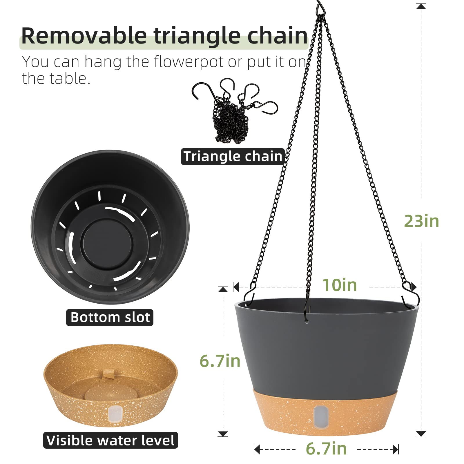 QCQHDU 2 Pack Hanging Planters Set,10 Inch Indoor Outdoor Hanging Plant Pot Basket,Hanging Flower Pot with Drainage Hole with 3 Hooks for Garden Home(Grey)