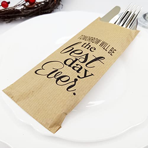 Tomorrow Will Be The Best Day Ever Rehearsal Dinner Silverware Bags - Utensil Holders For Wedding Rehearsal Dinner - Silverware Holder Bag - Pocket Sleeves - Flat 2.8" x 7.5" - Pack of 50