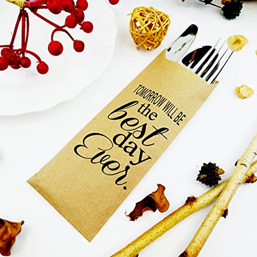 Tomorrow Will Be The Best Day Ever Rehearsal Dinner Silverware Bags - Utensil Holders For Wedding Rehearsal Dinner - Silverware Holder Bag - Pocket Sleeves - Flat 2.8" x 7.5" - Pack of 50