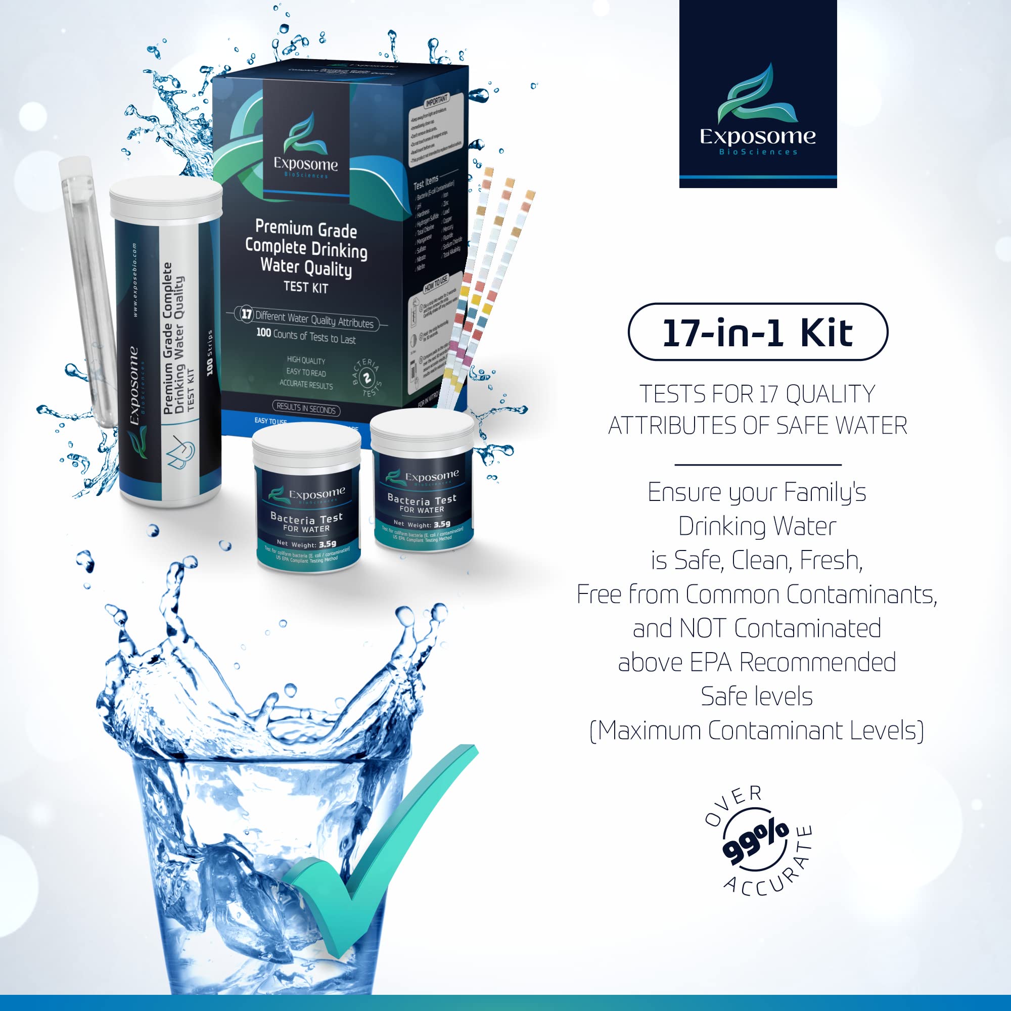 Lab Grade 17 in 1 Drinking Water Test Kit. Detect Multiple Water Chemical Contaminants and Coliform Bacteria in Water. 100 Test Strips + 2 Bacteria Tests. FSA - HSA Reimbursement Eligible