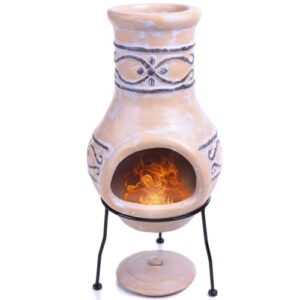 wiosi small chiminea outdoor fireplace – wood burning clay chiminea with protective chimney rain lids and solid metal stands - terracotta chimenea for patio, garden – rustic fire pit chimnea chimney