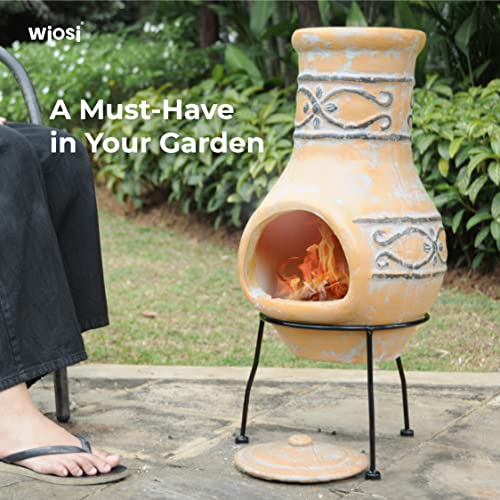 Wiosi Small Chiminea Outdoor Fireplace – Wood Burning Clay Chiminea with Protective Chimney Rain Lids and Solid Metal Stands - Terracotta Chimenea for Patio, Garden – Rustic Fire Pit Chimnea Chimney