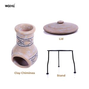 Wiosi Small Chiminea Outdoor Fireplace – Wood Burning Clay Chiminea with Protective Chimney Rain Lids and Solid Metal Stands - Terracotta Chimenea for Patio, Garden – Rustic Fire Pit Chimnea Chimney