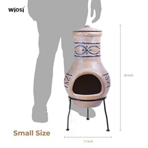 Wiosi Small Chiminea Outdoor Fireplace – Wood Burning Clay Chiminea with Protective Chimney Rain Lids and Solid Metal Stands - Terracotta Chimenea for Patio, Garden – Rustic Fire Pit Chimnea Chimney