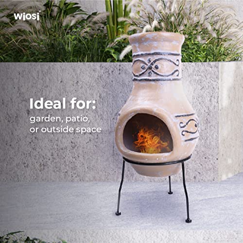 Wiosi Small Chiminea Outdoor Fireplace – Wood Burning Clay Chiminea with Protective Chimney Rain Lids and Solid Metal Stands - Terracotta Chimenea for Patio, Garden – Rustic Fire Pit Chimnea Chimney