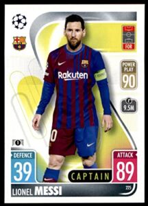 2021-22 topps match attax uefa champions league #225 lionel messi fc barcelona captain official ucl soccer trading card in raw (nm or better) condition