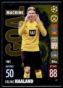 2021-22 topps match attax uefa champions league #187 erling haaland borussia dortmund goal machine foil official ucl soccer trading card in raw (nm or better) condition