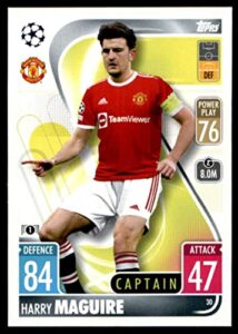 2021-22 topps match attax uefa champions league #30 harry maguire manchester united captain official ucl soccer trading card in raw (nm or better) condition