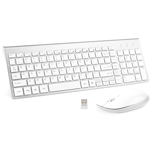 Wireless Keyboard and Mouse, USB Slim Compact Keyboard with Number pad, Ergonomics Quiet Keyboard Mouse for Laptop Computer PC Mac Windows, White Silver