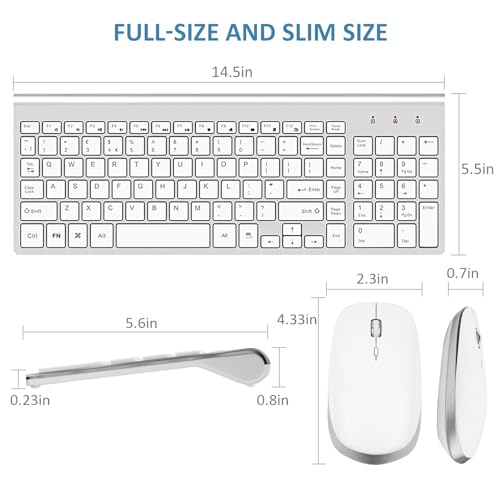 Wireless Keyboard and Mouse, USB Slim Compact Keyboard with Number pad, Ergonomics Quiet Keyboard Mouse for Laptop Computer PC Mac Windows, White Silver