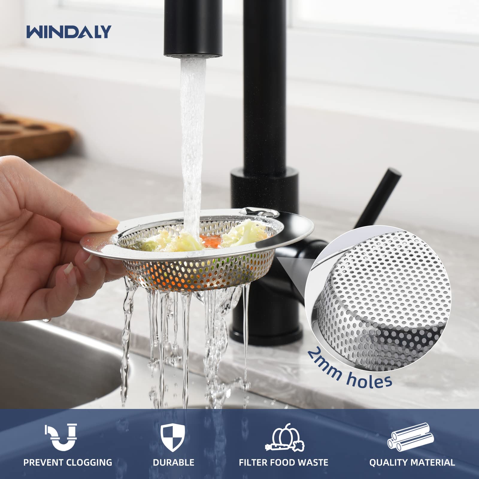 4PCS Kitchen Sink Strainer, WINDALY Stainless Steel Sink Drain Strainer with Large Wide Rim 4.5" Diameter, Sink Filter for Most Standard 3-1/2 Inch Kitchen Drain