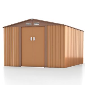 hogyme 10.5' x 9.1' storage shed large metal shed, sheds &outdoor storage clearance suitable for garden tool bike lawn mower ladder, utility tool house w/lockable/sliding door, 4 vents, coffee