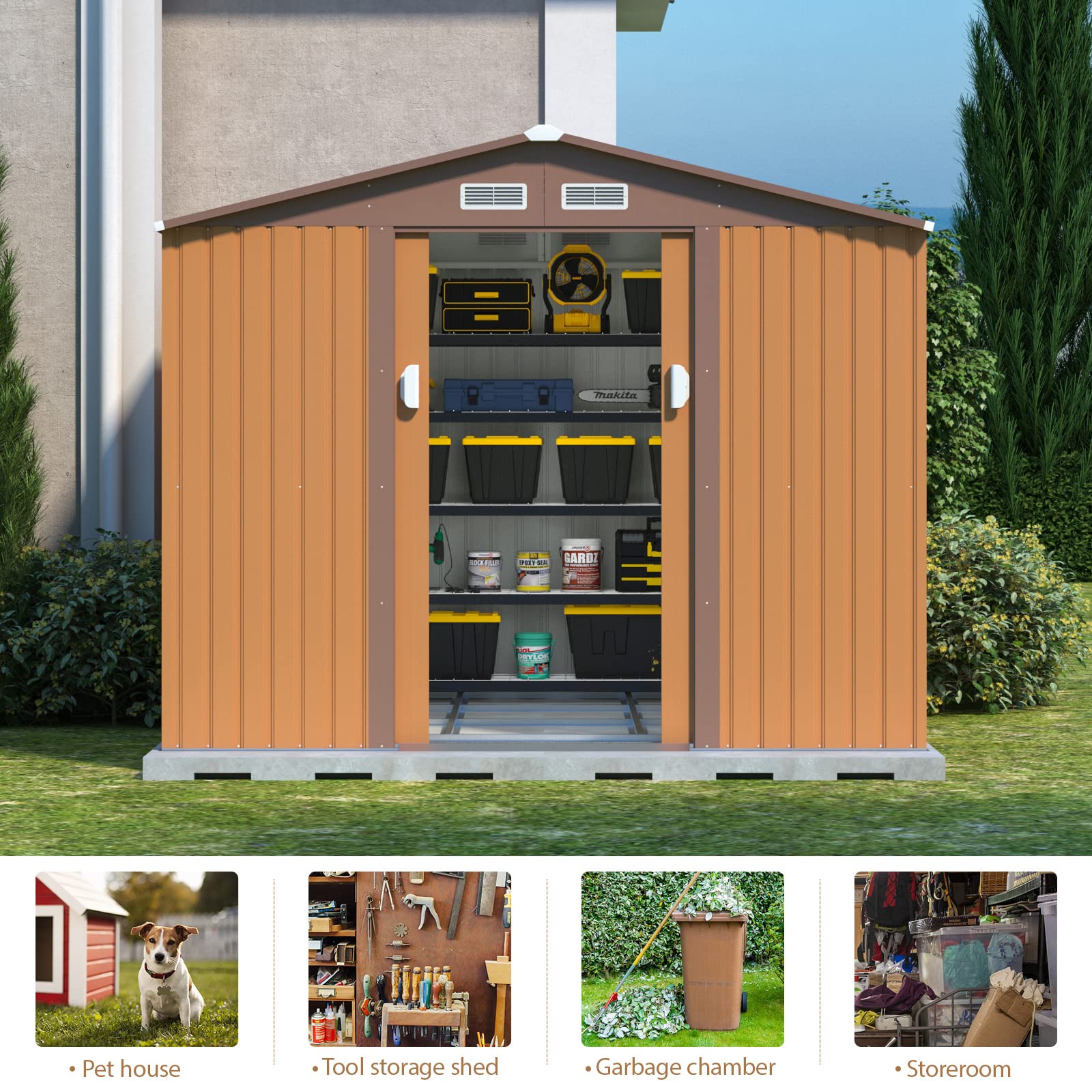 HOGYME 10.5' x 9.1' Storage Shed Large Metal Shed, Sheds &Outdoor Storage Clearance Suitable for Garden Tool Bike Lawn Mower Ladder, Utility Tool House w/Lockable/Sliding Door, 4 Vents, Coffee