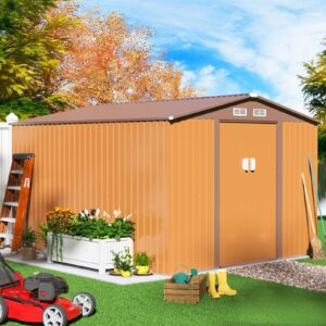 HOGYME 10.5' x 9.1' Storage Shed Large Metal Shed, Sheds &Outdoor Storage Clearance Suitable for Garden Tool Bike Lawn Mower Ladder, Utility Tool House w/Lockable/Sliding Door, 4 Vents, Coffee