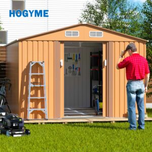 HOGYME 10.5' x 9.1' Storage Shed Large Metal Shed, Sheds &Outdoor Storage Clearance Suitable for Garden Tool Bike Lawn Mower Ladder, Utility Tool House w/Lockable/Sliding Door, 4 Vents, Coffee
