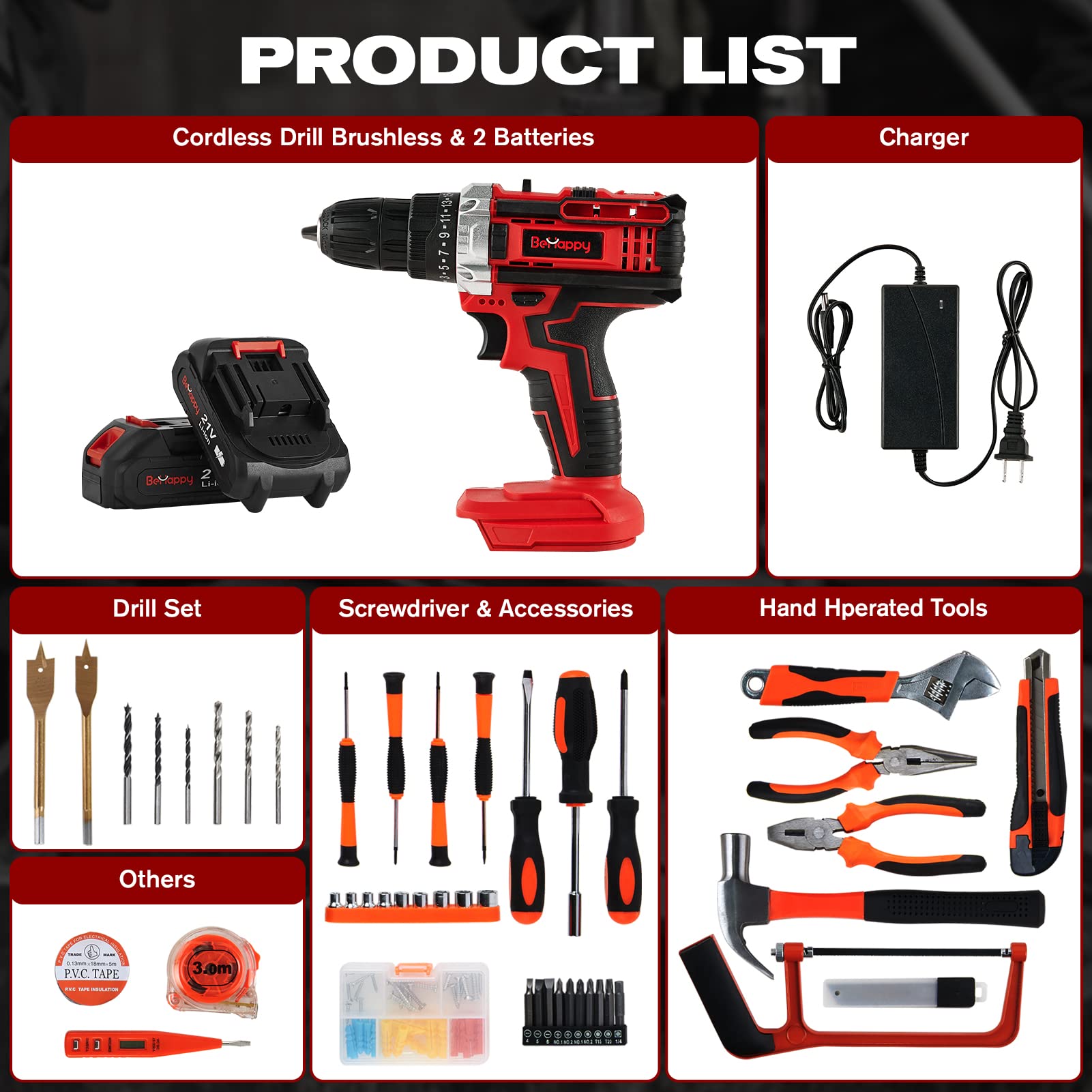 Behappy 43 Piece Power Tool Set Combo Kit with 21V Cordless Power Drill Driver, Home Tool Kit Set with DIY Hand Accessories Tool Kits in Storage Case