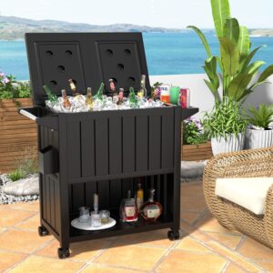 Devoko 85 Quart Rolling Ice Chest Portable Movable Dining Cart Table Cooler Outdoor PP Cart on Wheels for Patio Pool Party Cookouts BBQ Ice Bag with Bottle Opener, Black