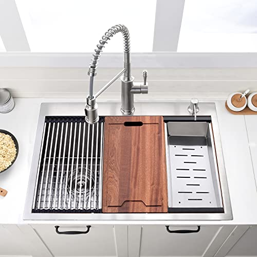 33 Inch Double Bowl Drop In Kitchen Sink Workstation - VOKIM 33 x 22 Inch Stainless Steel Top mount Kitchen Sink 16 Gauge Stainless Steel Drop In Kitchen Sink 10 Inch Deep 50/50 Double Bowl Sink