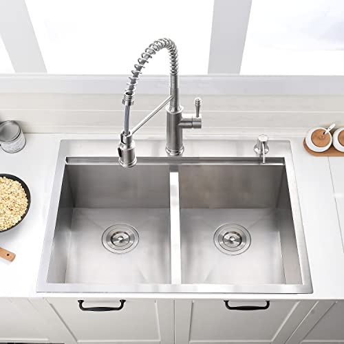 33 Inch Double Bowl Drop In Kitchen Sink Workstation - VOKIM 33 x 22 Inch Stainless Steel Top mount Kitchen Sink 16 Gauge Stainless Steel Drop In Kitchen Sink 10 Inch Deep 50/50 Double Bowl Sink