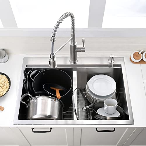 33 Inch Double Bowl Drop In Kitchen Sink Workstation - VOKIM 33 x 22 Inch Stainless Steel Top mount Kitchen Sink 16 Gauge Stainless Steel Drop In Kitchen Sink 10 Inch Deep 50/50 Double Bowl Sink