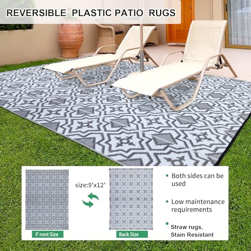 Outdoor Rugs 9x12 for Patios Clearance ,Waterproof Patio Rug, Rv Outdoor Mats, Plastic Straw Camping Rugs for Outside, Grey Lightweight Area Rug for Backyard, Deck, Picnic,Beach,Pool.. (9' x 12' Gray)