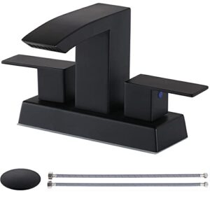 friho extra large rectangular spout 4 inch two handle centerset matte black bathroom faucet,waterfall bathroom sink faucet lavatory rvs vanity faucets for sink 3 hole with water hoses and pop up drain
