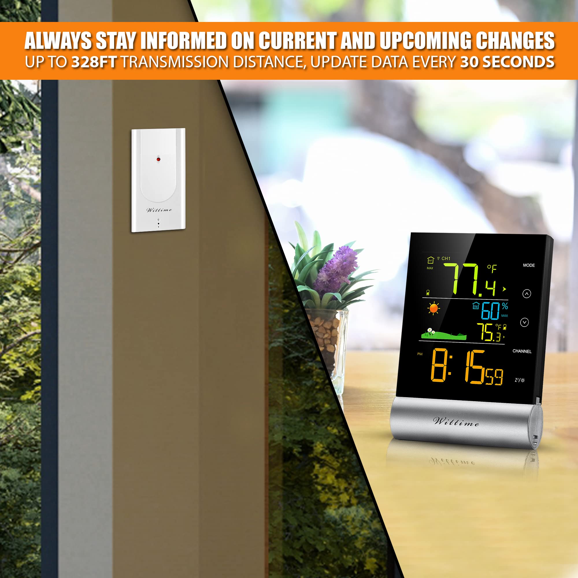 Wittime 2079 Indoor Outdoor Thermometer Wireless Temperature and Humidity Monitor Inside Outside Thermometer for Home with Temp Sensor,hd lcd