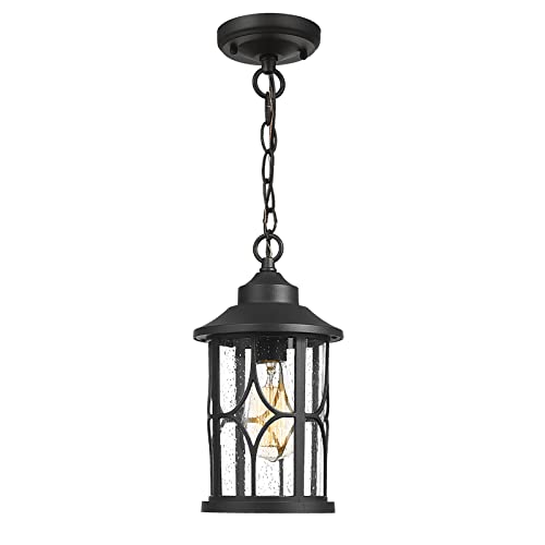 zeyu Outdoor Pendant Light for Porch - 12 Inch Farmhouse Exterior Hanging Lantern with Seeded Glass, Black Finish, ZX48H BK