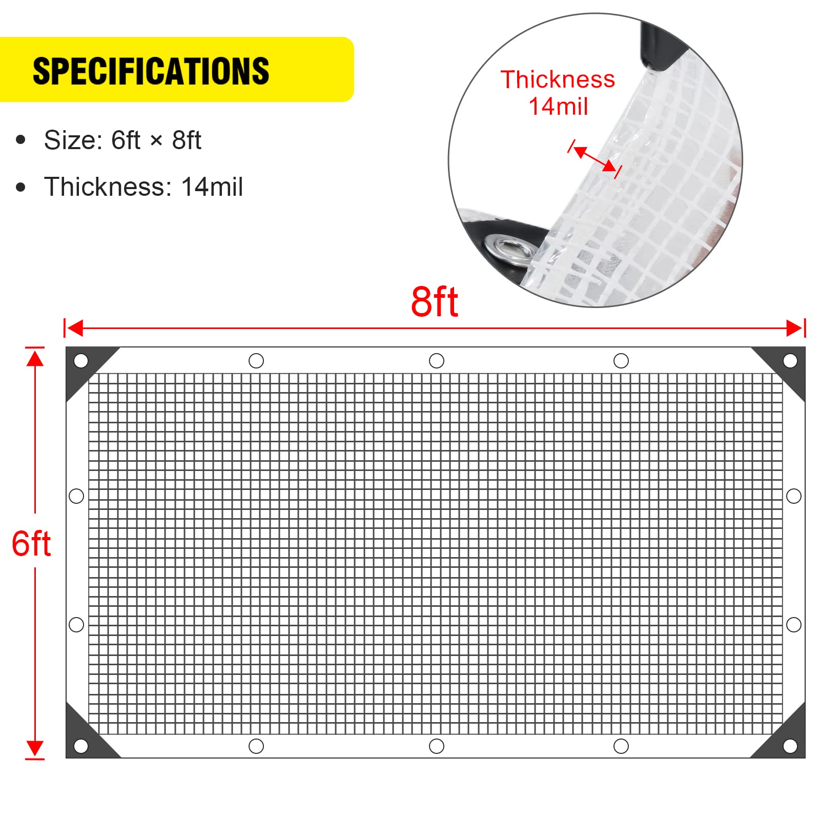 Clear Greenhouse Heavy Duty tarp 14 Mil Clear Waterproof Cover,UV Resistant Poly Tarp with Grommets 8x6ft Superior Strength,for Gardening, Farming, Nursery, Garden