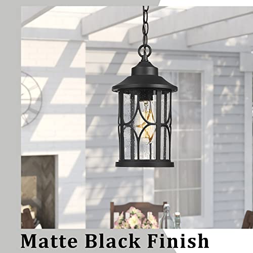 zeyu Outdoor Pendant Light for Porch - 12 Inch Farmhouse Exterior Hanging Lantern with Seeded Glass, Black Finish, ZX48H BK