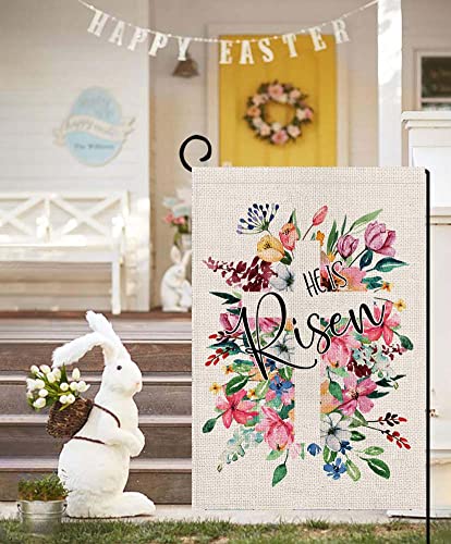 Easter Religious Cross Garden Flag 12x18 Inch Double Sided He is Risen with Flower,Small Seasonal Yard Flag for Farmhouse Holiday Outdoor Outside Decor