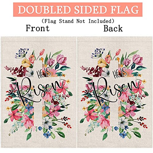 Easter Religious Cross Garden Flag 12x18 Inch Double Sided He is Risen with Flower,Small Seasonal Yard Flag for Farmhouse Holiday Outdoor Outside Decor