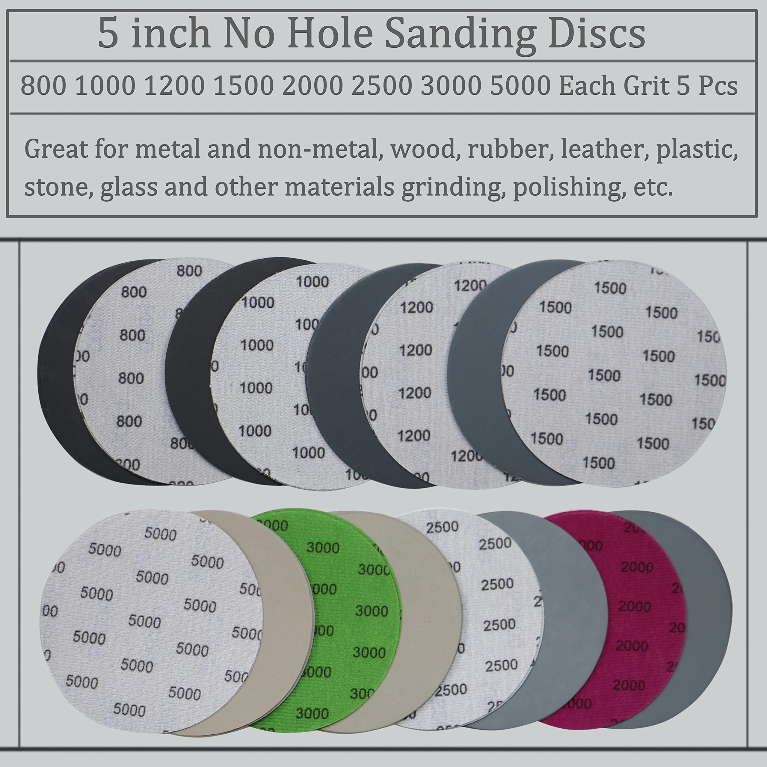 Aewio 40PCS 5 inch No Hole #800-#5000 Wet Dry Sanding Discs 800 1000 1200 1500 2000 2500 3000 5000 Grit Sandpaper Compatible for Random Orbital Sanders (#800-#5000 8Kind Grit Each 5PCS)