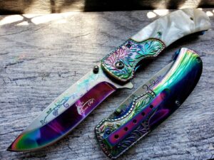 masterdish marble handle cowboy folding blade pocket knife rainbow blade 3cr13 steel overall length 8.5 inch (cvrt-1-2)