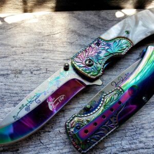 masterdish Marble HANDLE Cowboy Folding Blade Pocket Knife Rainbow Blade 3cr13 Steel Overall Length 8.5 inch (cvrt-1-2)