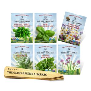 the old farmer's almanac herb garden starter kit - 6 seed packets (over 3000 seeds) with wooden plant markers - non-gmo, open pollinated, heirloom seeds