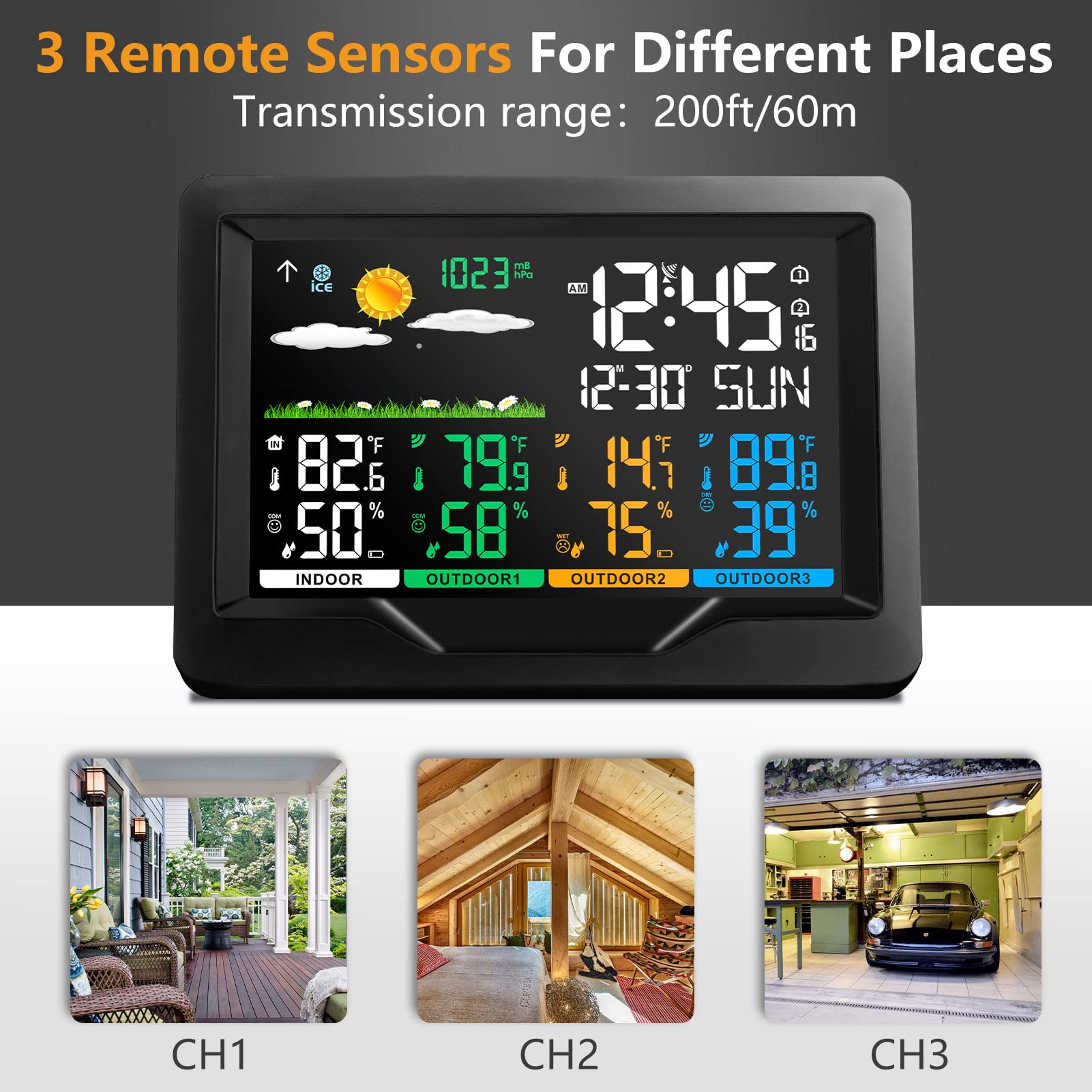 Weather Stations Wireless Indoor Outdoor Thermometers, Color Display Digital Atomic Clocks with Indoor Outdoor Temperature, Weather Thermometers with Multiple Sensors and Adjustable Backlight