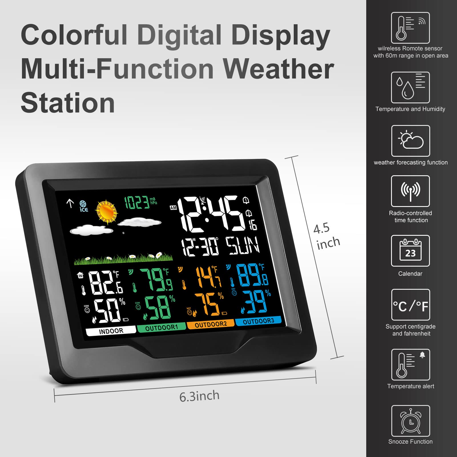 Weather Stations Wireless Indoor Outdoor Thermometers, Color Display Digital Atomic Clocks with Indoor Outdoor Temperature, Weather Thermometers with Multiple Sensors and Adjustable Backlight