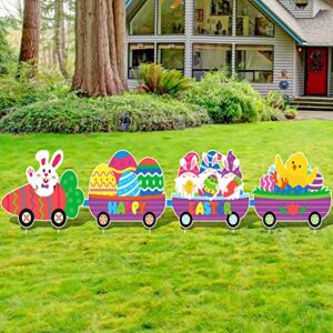 4 pcs easter yard signs with stakes happy easter yard decorations outdoor train easter lawn signs bunny carrot gnomes chick easter egg garden sign for easter lawn decorations party supplies props