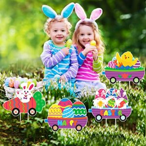 4 Pcs Easter Yard Signs with Stakes Happy Easter Yard Decorations Outdoor Train Easter Lawn Signs Bunny Carrot Gnomes Chick Easter Egg Garden Sign for Easter Lawn Decorations Party Supplies Props