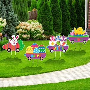 4 Pcs Easter Yard Signs with Stakes Happy Easter Yard Decorations Outdoor Train Easter Lawn Signs Bunny Carrot Gnomes Chick Easter Egg Garden Sign for Easter Lawn Decorations Party Supplies Props